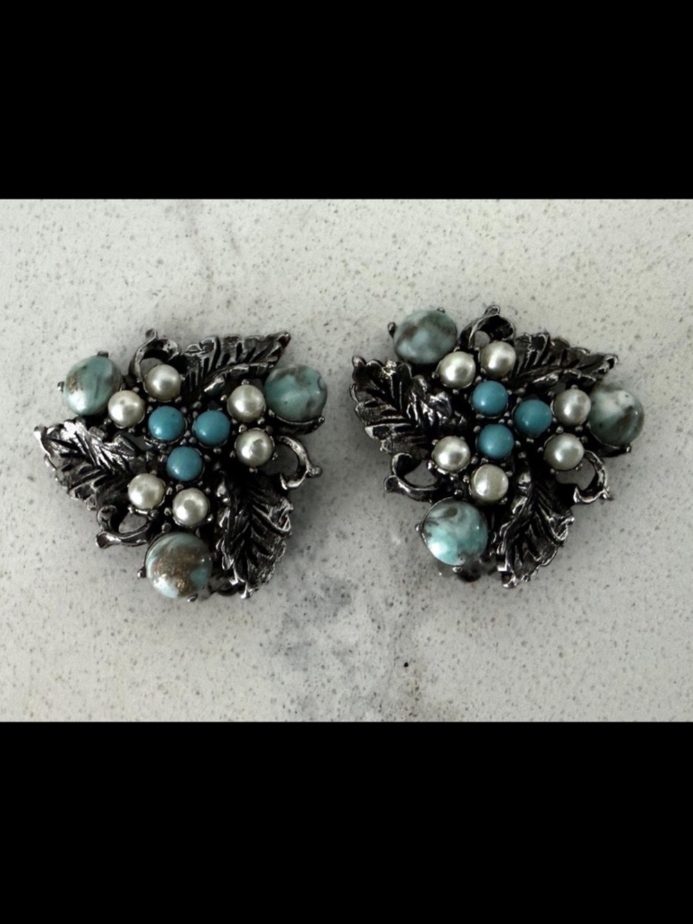1960's Silver Tone Clip Earrings Turquoise Faux Pearl Leaf Cluster Design